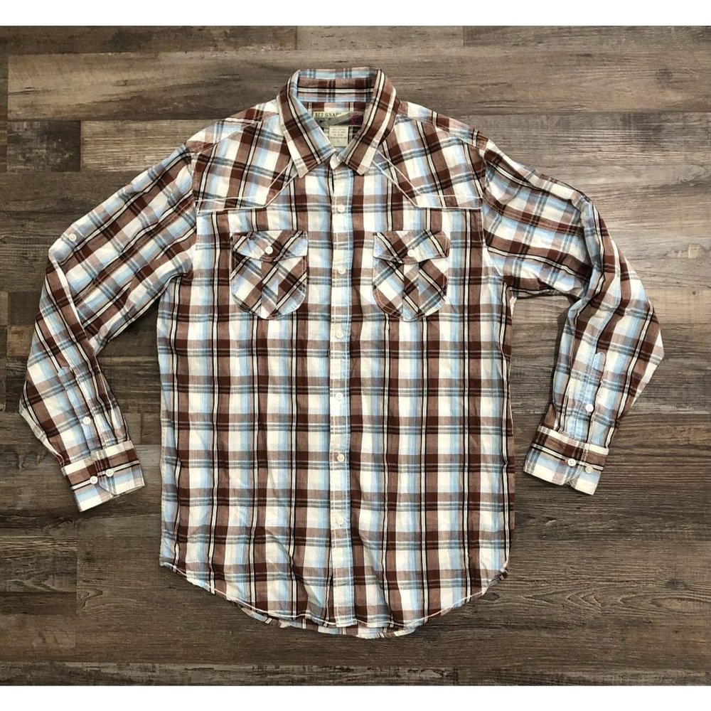 Red Snap Mens Large Brown & Blue Plaid Long Sleeve Button Up Shirt